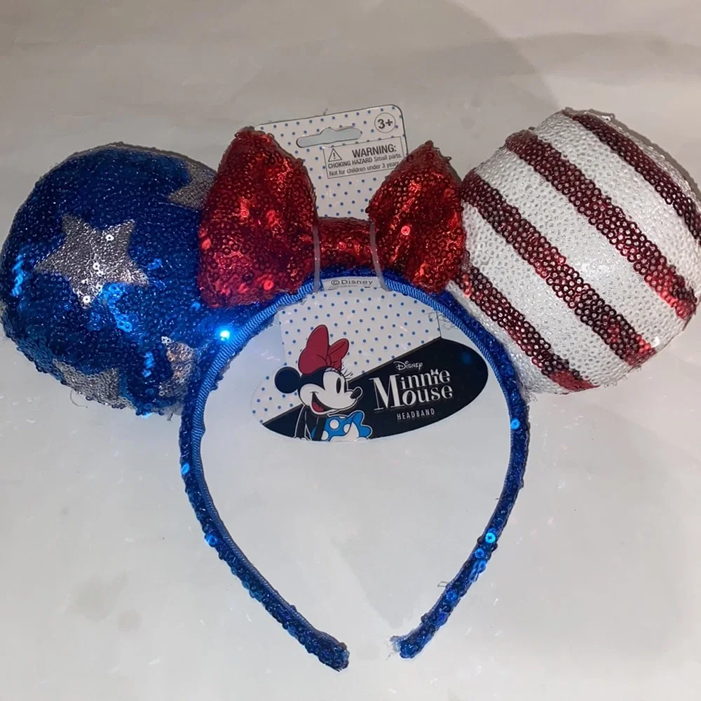 Minnie Mouse Ears Disney Headband 4th of July Stars Stripes Red Blue Sequins